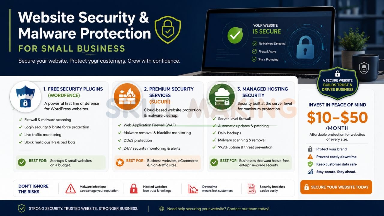 Website security infographic showing malware protection, firewall security, managed hosting, and website monitoring services.