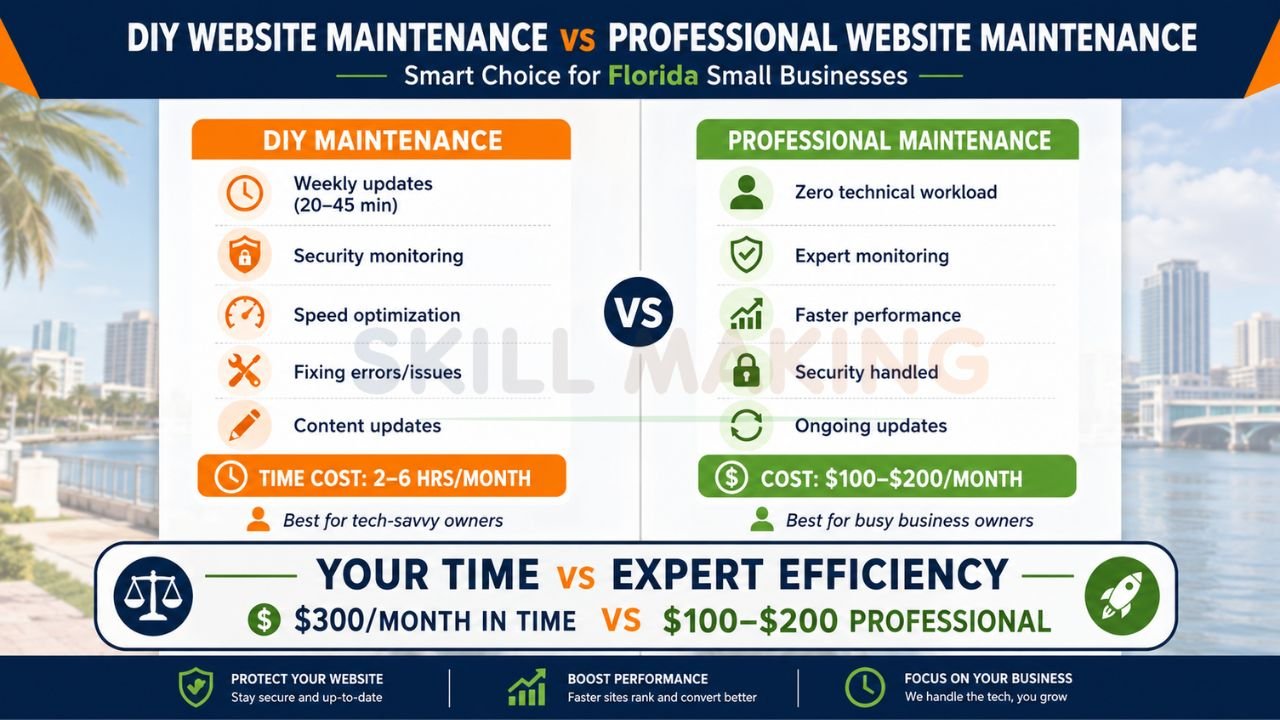 Comparison infographic between DIY website maintenance and professional maintenance services for Florida businesses.