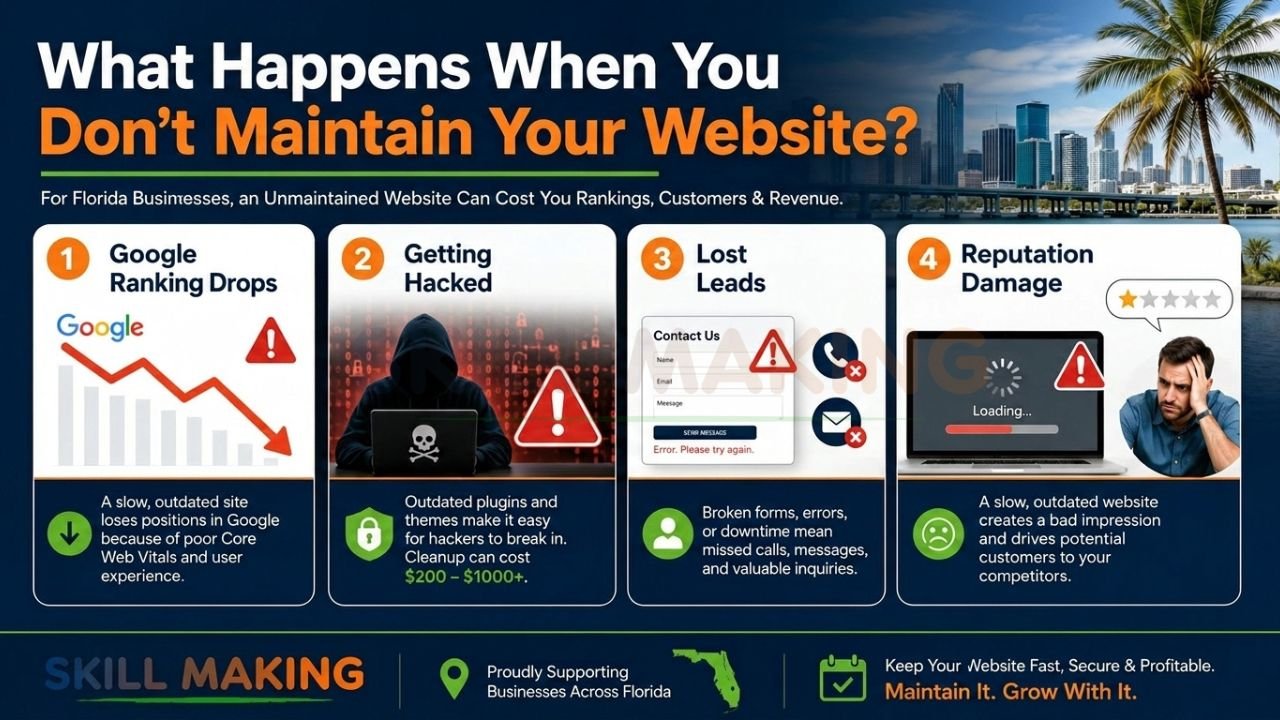 Infographic showing the risks of not maintaining a website including hacking, lost rankings, reputation damage, and lost leads.