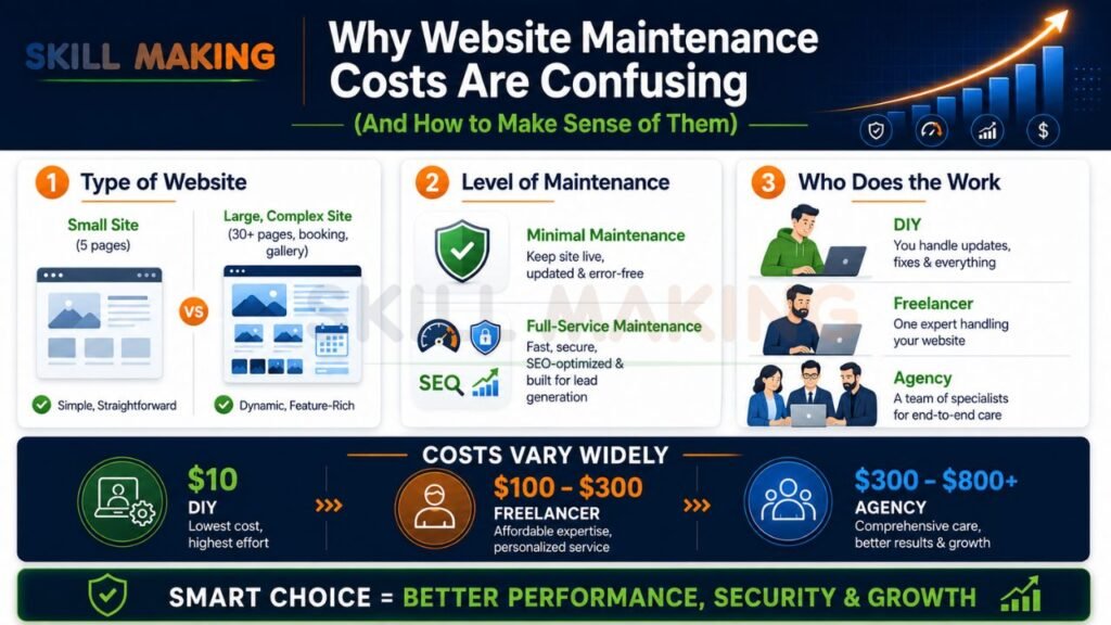 Infographic explaining why website maintenance pricing varies based on website type, service level, and provider.