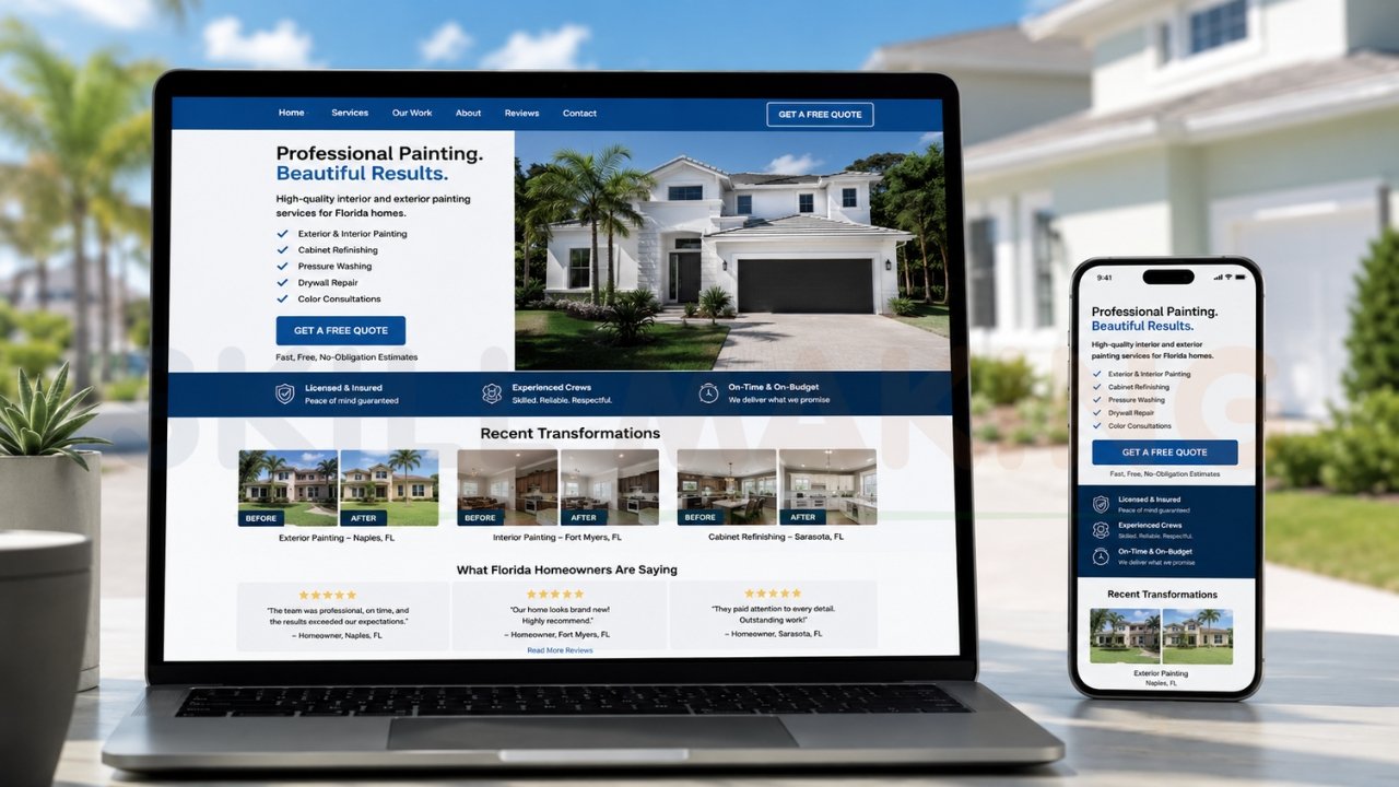 Responsive painting contractor website design on desktop and mobile