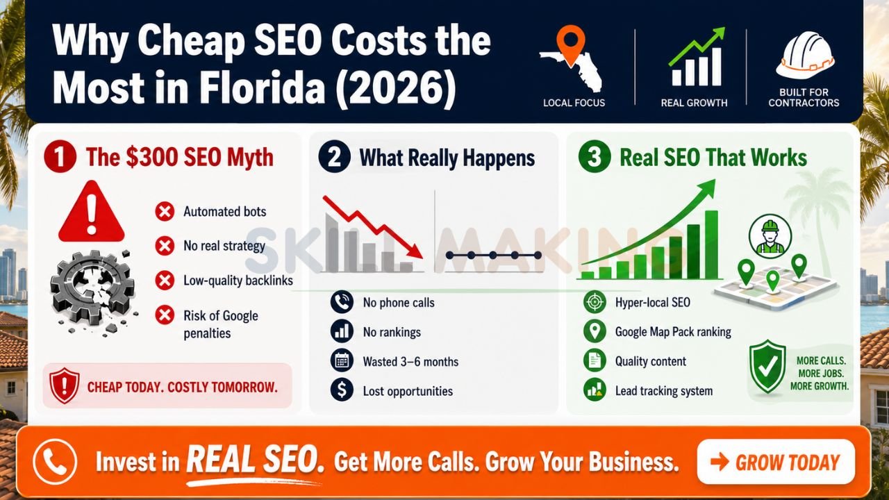 Cheap SEO risks and real SEO comparison infographic for Florida contractors
