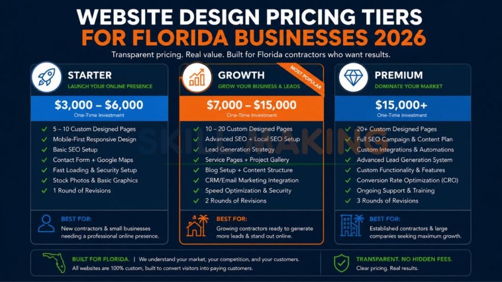 Comparison of Starter, Growth, and Premium custom website design pricing tiers