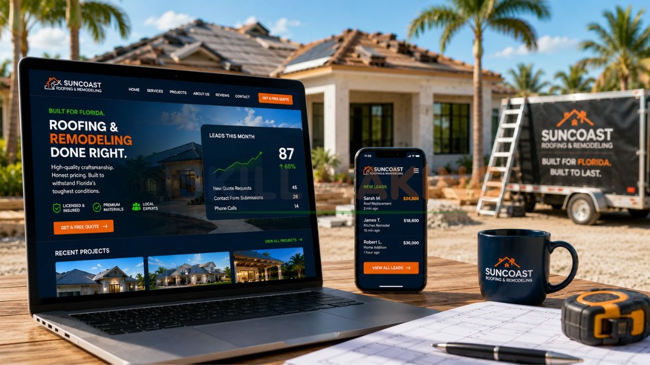 Professional responsive custom website for Florida construction or trade business on mobile and laptop