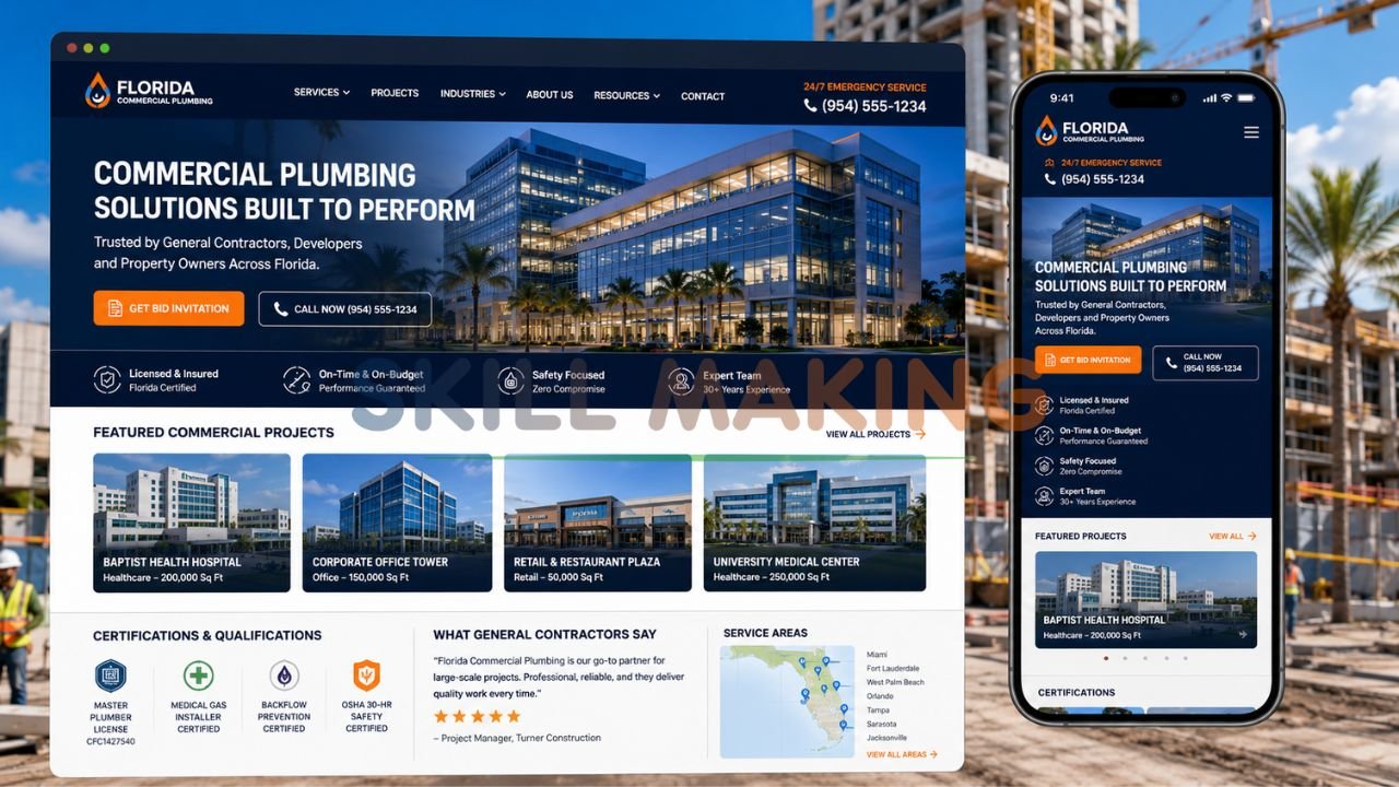 High-converting commercial plumbing website mockup optimized for Florida general contractors