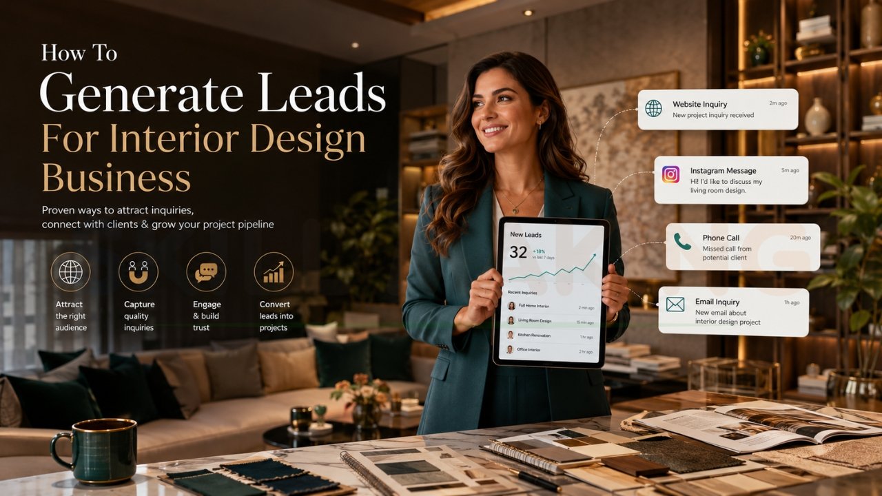 Interior designer showing lead generation dashboard in modern luxury workspace