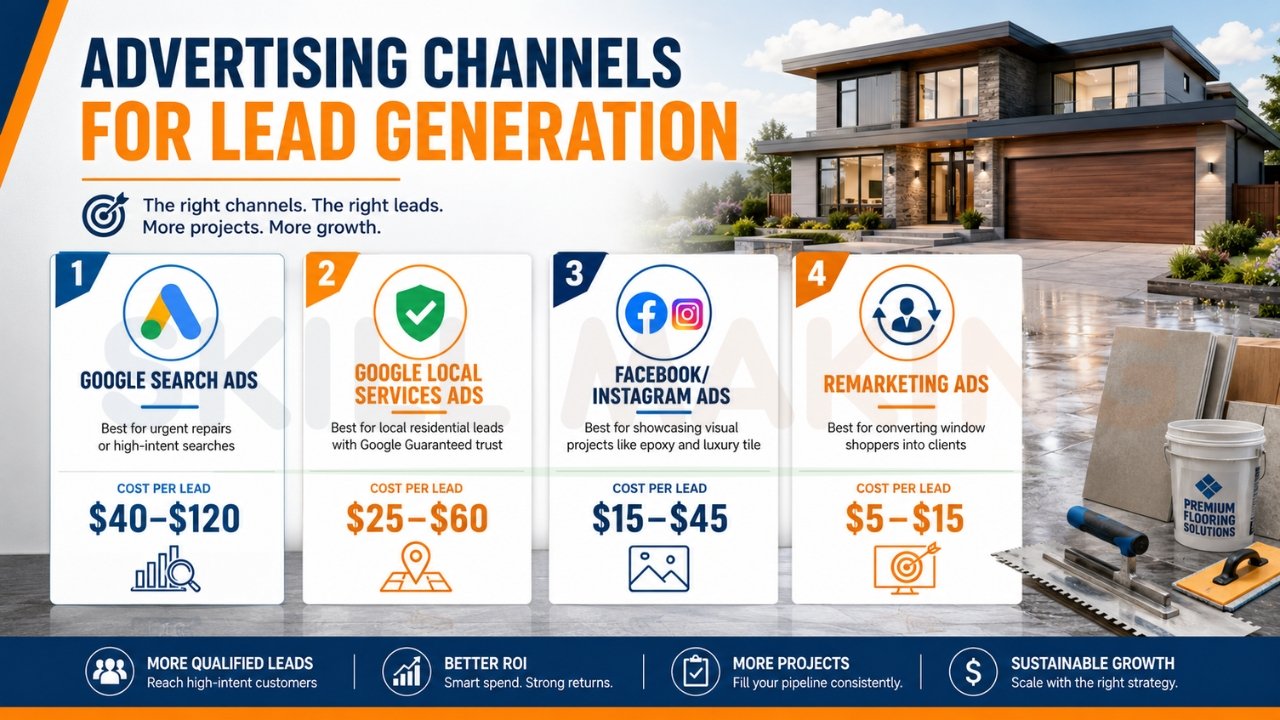 Lead generation advertising channels infographic for flooring businesses