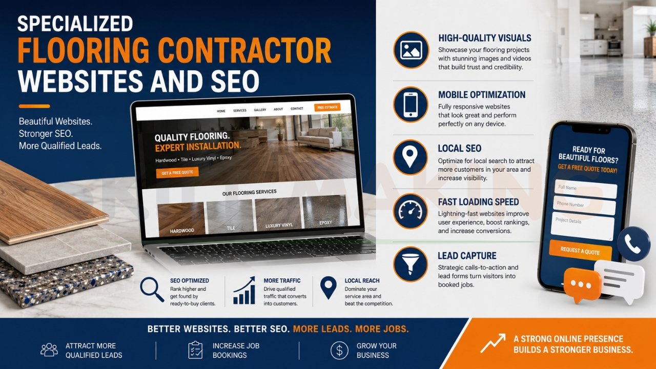 Flooring contractor website and SEO marketing infographic for lead generation