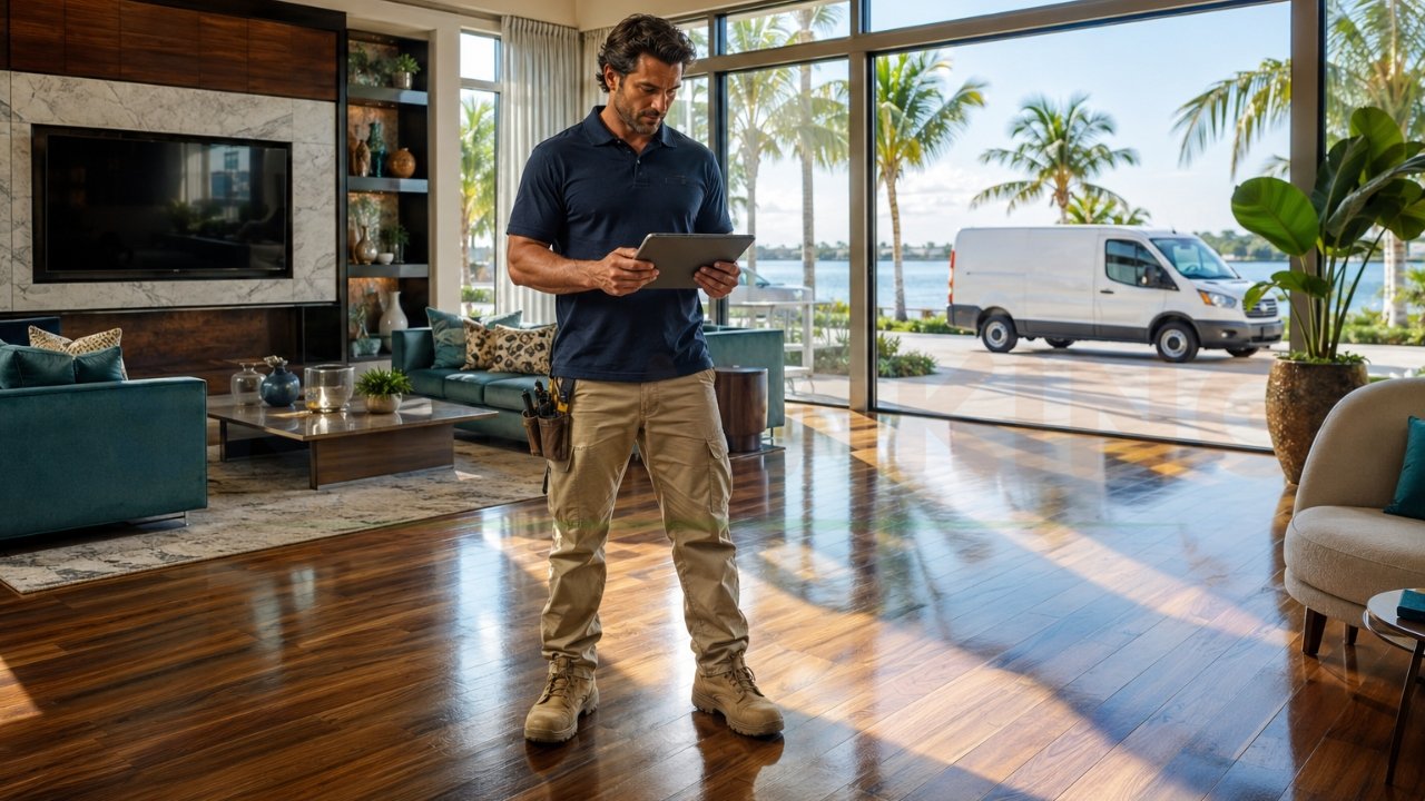 Professional flooring contractor using tablet inside luxury home with polished hardwood floors