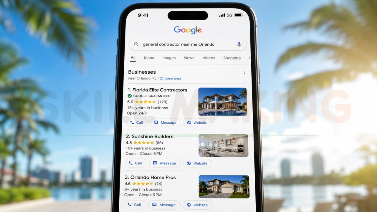 Google search results for general contractor near Orlando showing top local business listings