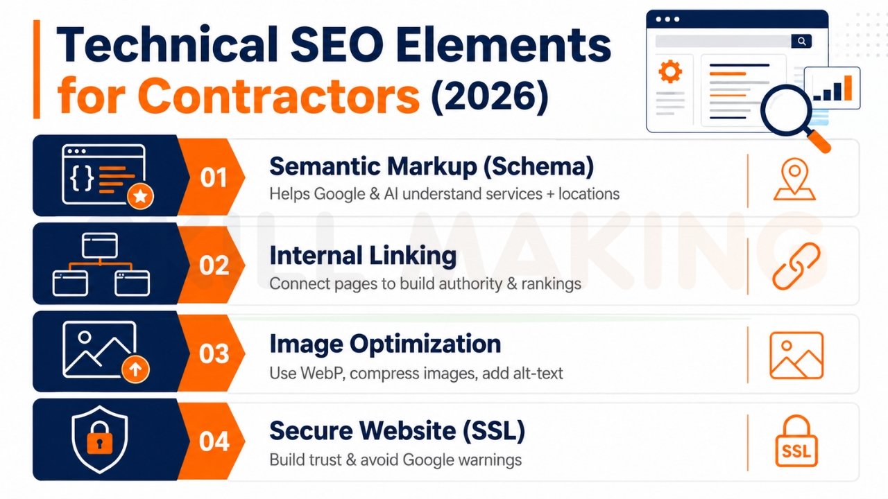Technical SEO for contractors 2026 including schema, internal linking, image optimization, and SSL