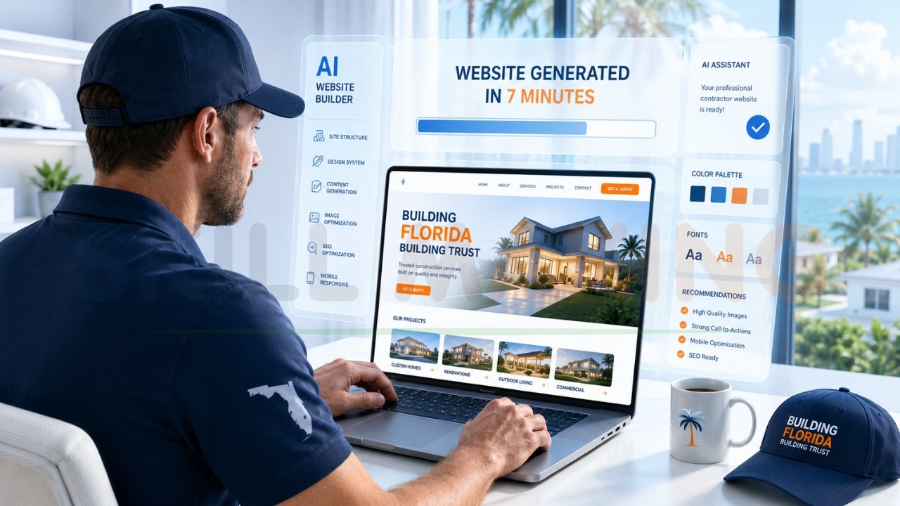 Contractor using AI website builder to create a professional construction company website with SEO and mobile optimization