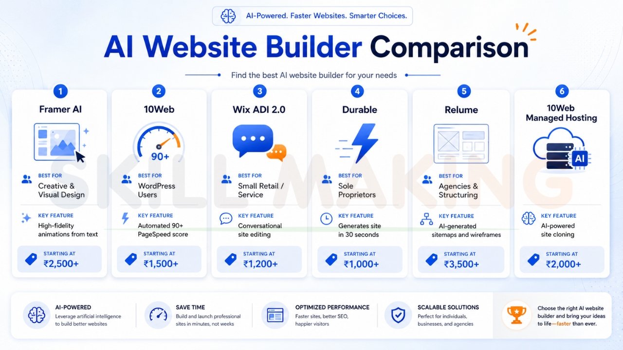 AI website builder comparison chart featuring Framer AI, 10Web, Wix ADI, Durable, and Relume with pricing and features