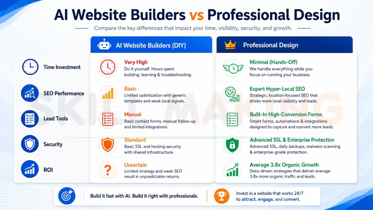AI website builders vs professional web design comparison chart showing SEO, security, lead generation, ROI, and time investment differences