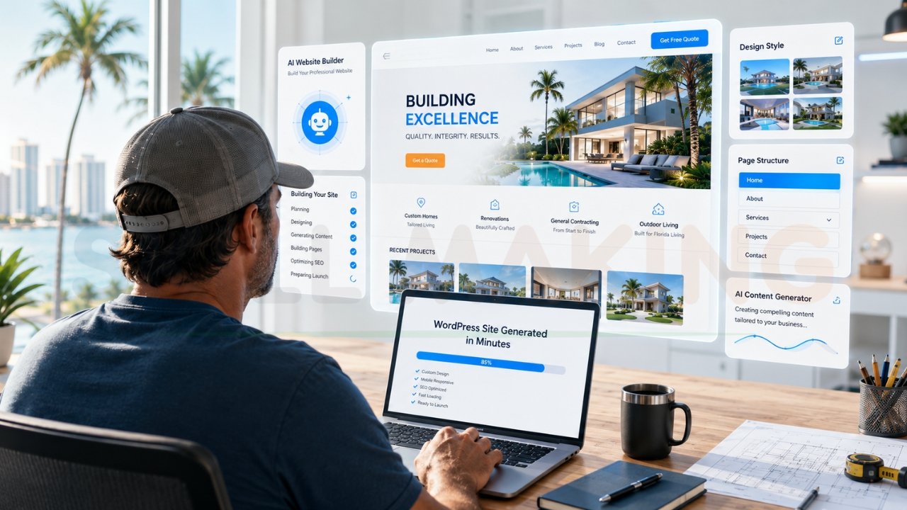 Contractor using AI website builder to create a WordPress construction website with SEO, content generation, and custom design tools