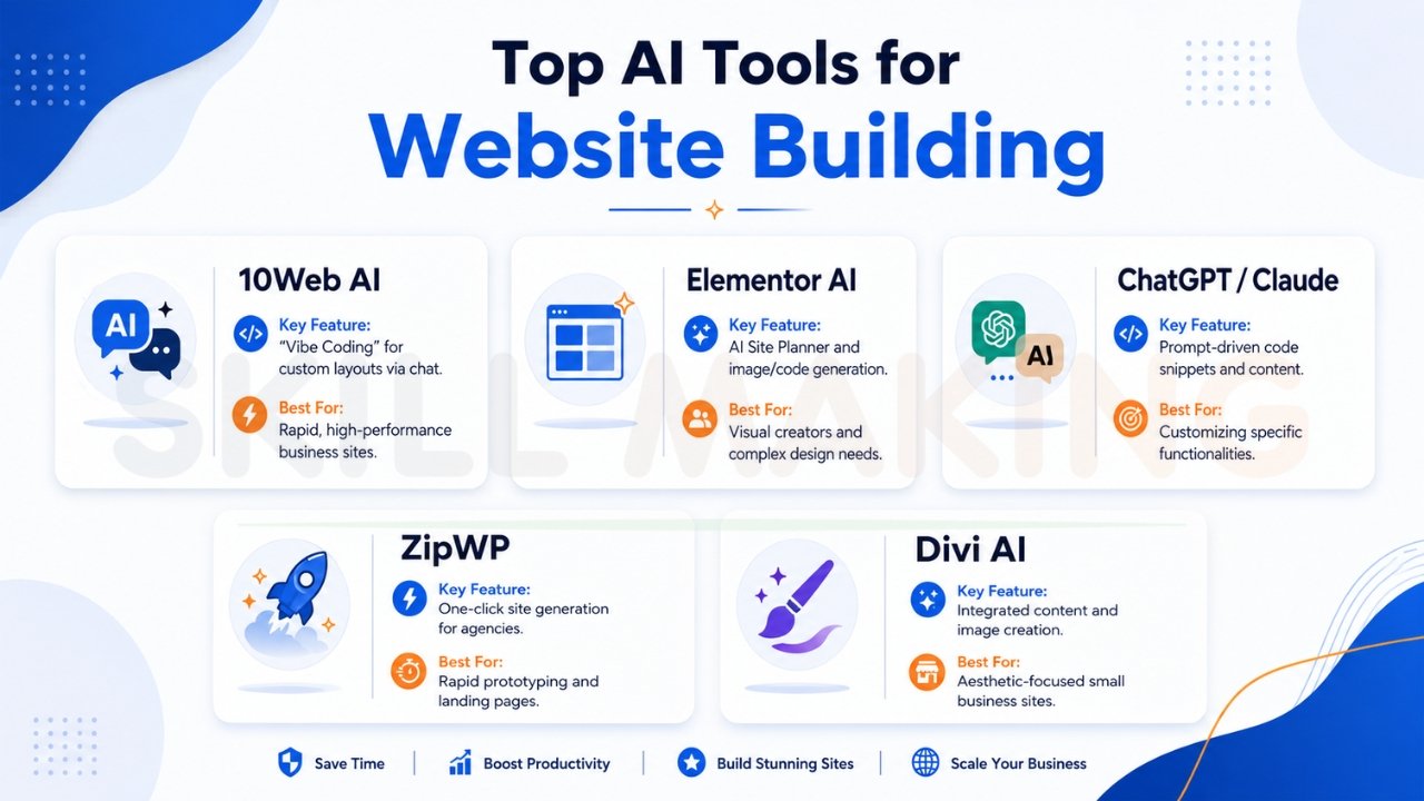 Top AI tools for website building including 10Web AI, Elementor AI, ChatGPT, ZipWP, and Divi AI with features and use cases