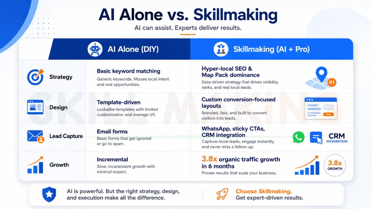 AI alone vs professional Skillmaking web design comparison showing SEO, lead generation, conversion tools, and business growth benefits