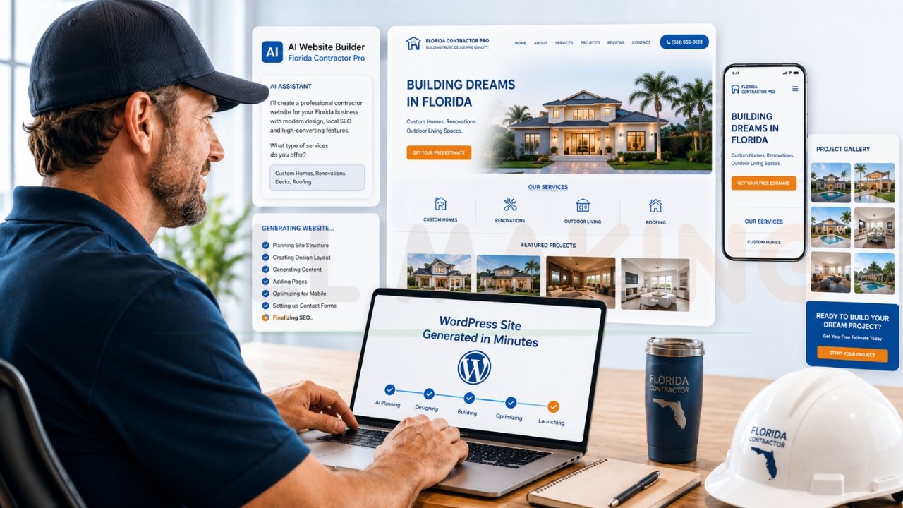 Contractor using AI to generate a WordPress website for a Florida construction business with mobile-responsive design and SEO features