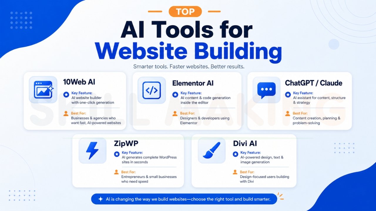 Top AI tools for website building including 10Web AI, Elementor AI, ChatGPT, ZipWP, and Divi AI with features and business use cases