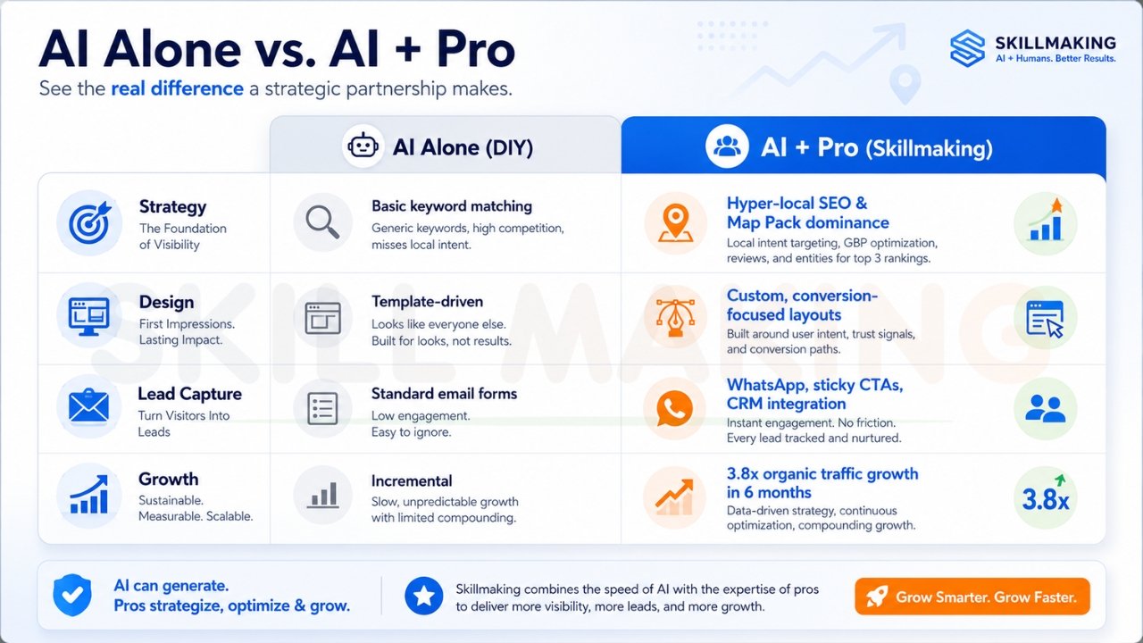 AI alone vs AI plus professional web design comparison showing SEO, lead capture, website strategy, and business growth advantages
