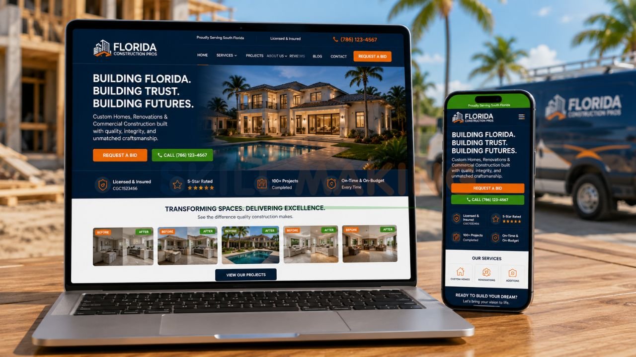 Modern professional construction website mockup with clear CTAs and project gallery