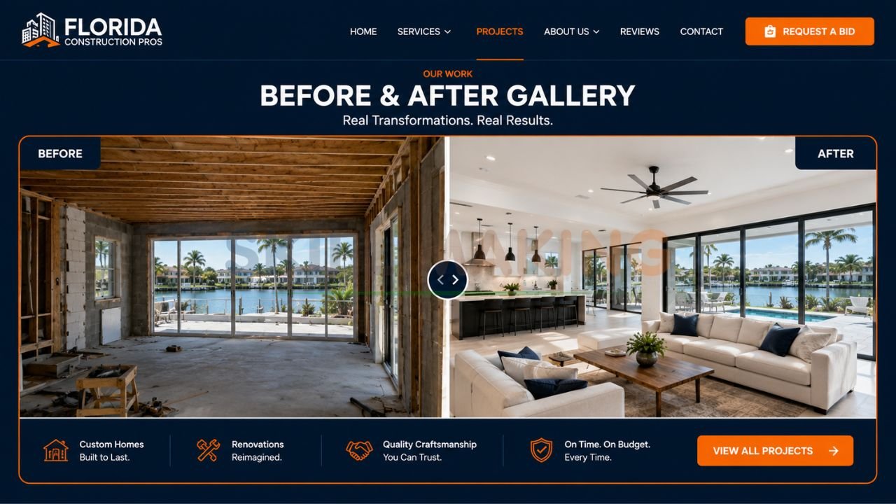 Dramatic before and after construction or remodeling project showcase on website