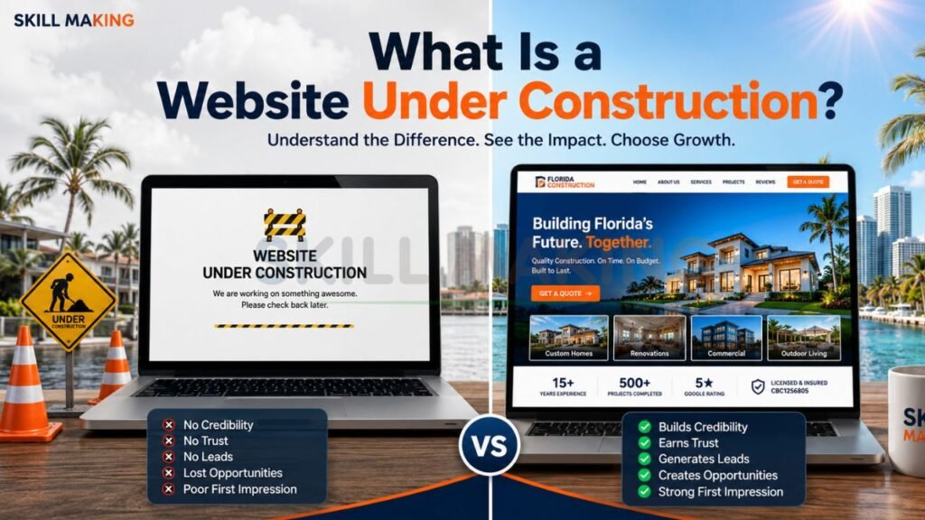 Frustrating "Website Under Construction" page versus a high-converting professional construction website