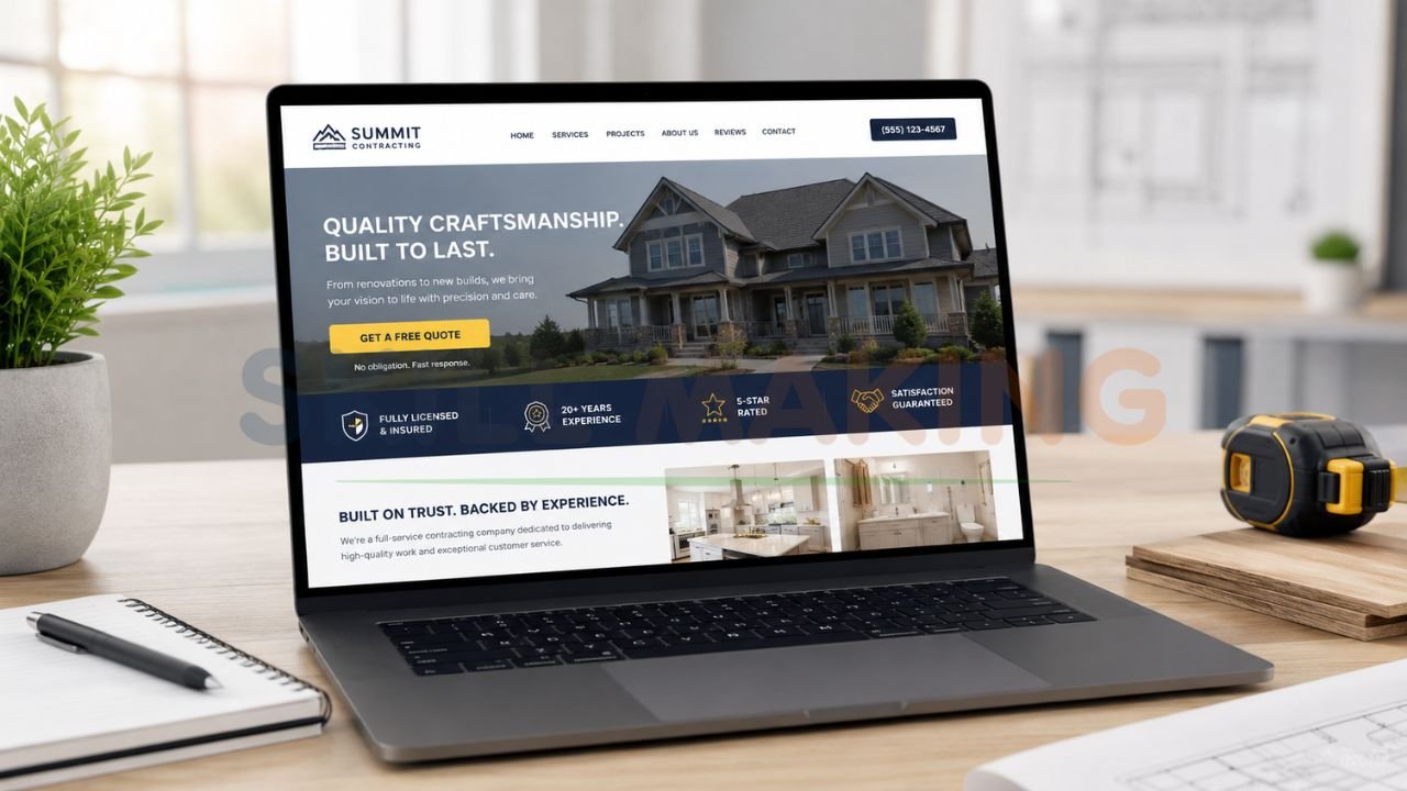 contractor business website on laptop showing construction company homepage designed for online lead generation and customer conversions