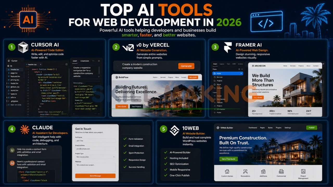Collage of leading AI web development tools like Cursor, v0, Framer AI, and Claude