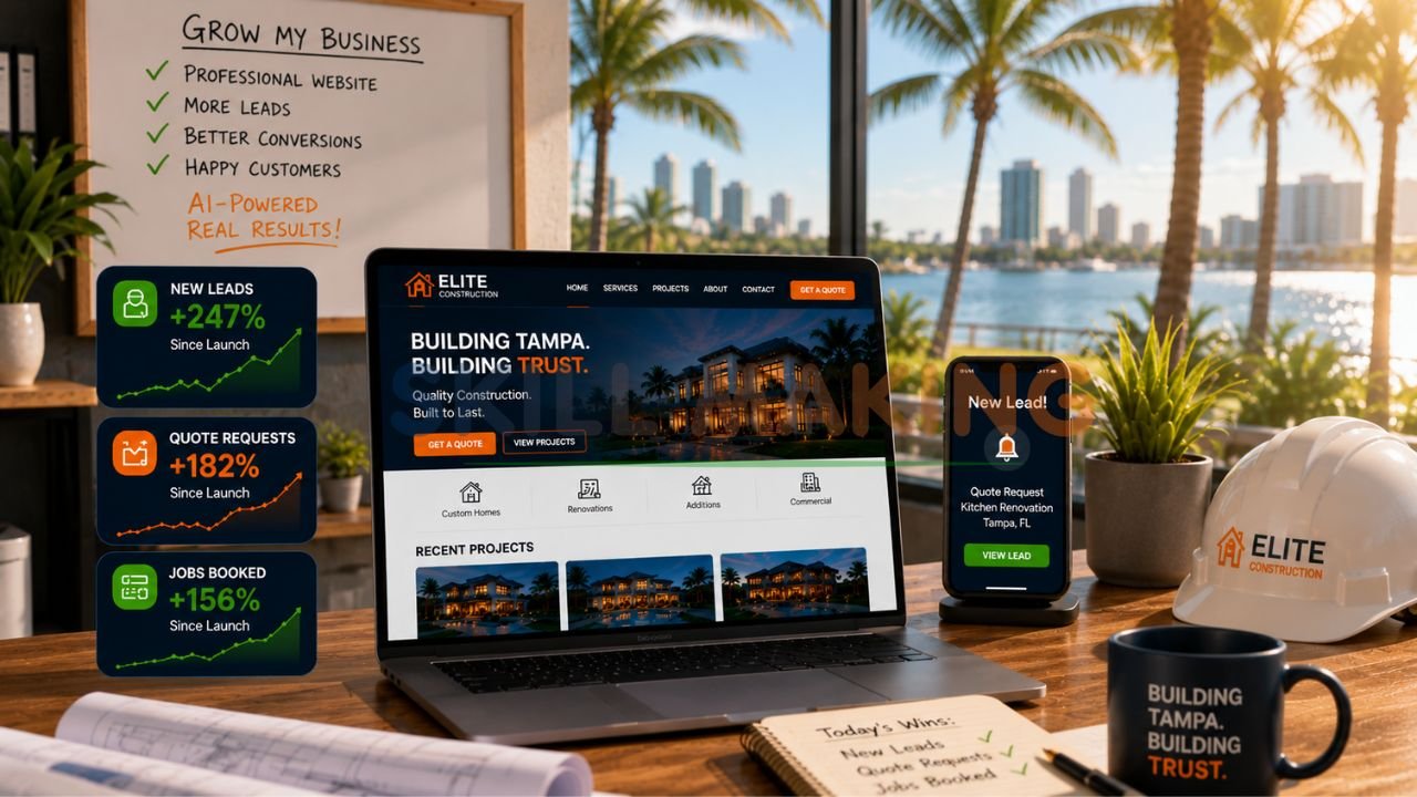 Happy small business owner benefiting from AI-powered professional website