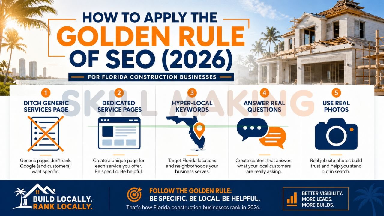 SEO infographic for Florida construction businesses showing dedicated service pages, local keywords, real photos, and helpful content strategies