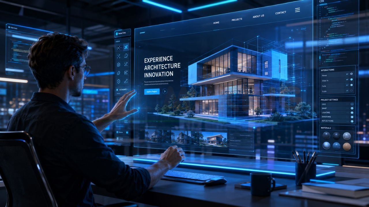 Designer creating a futuristic 3D architecture website interface with interactive building visualization and modern web design technology