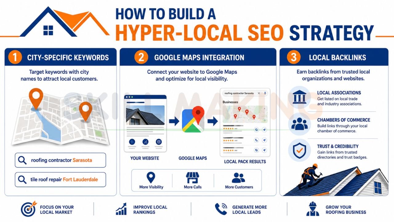 Hyper-local SEO infographic showing city-specific keywords, Google Maps integration, and local backlinks for roofing contractors