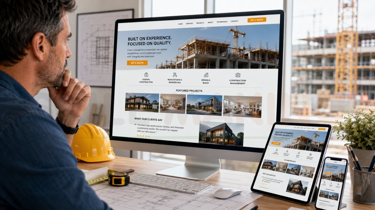 Construction company website design on desktop tablet and mobile