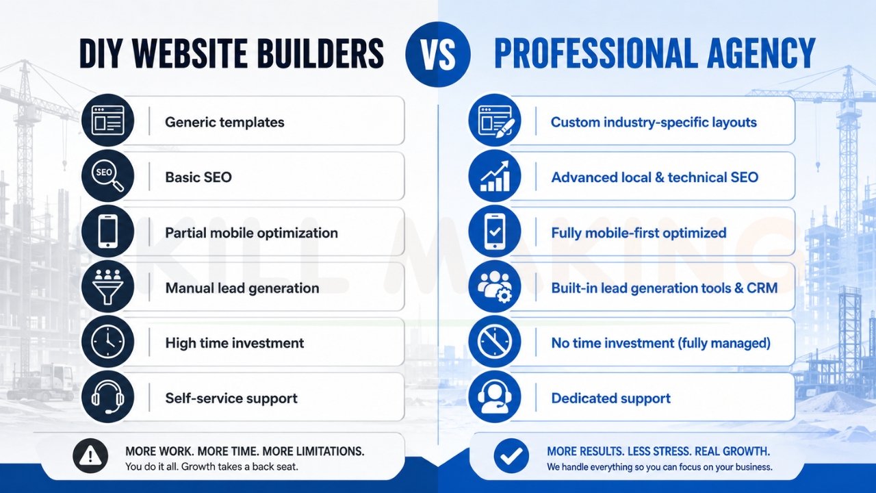 DIY website builders vs professional agency comparison infographic