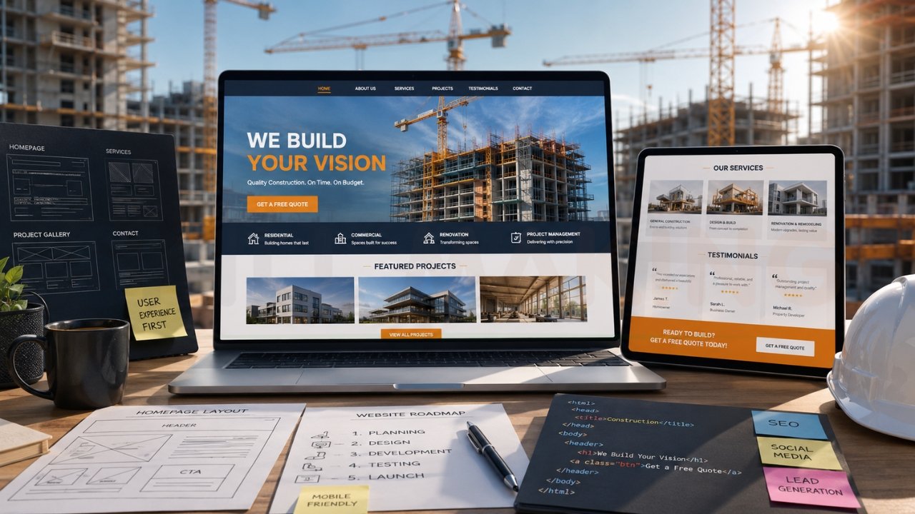 Construction website development and responsive design workspace