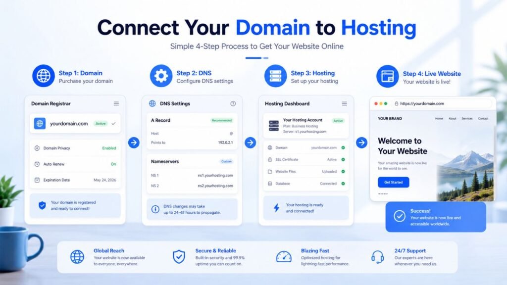 Infographic explaining how to connect a domain name to web hosting using DNS settings, nameservers, and hosting configuration