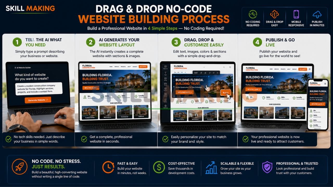 Step-by-step no-code website creation using drag-and-drop interface