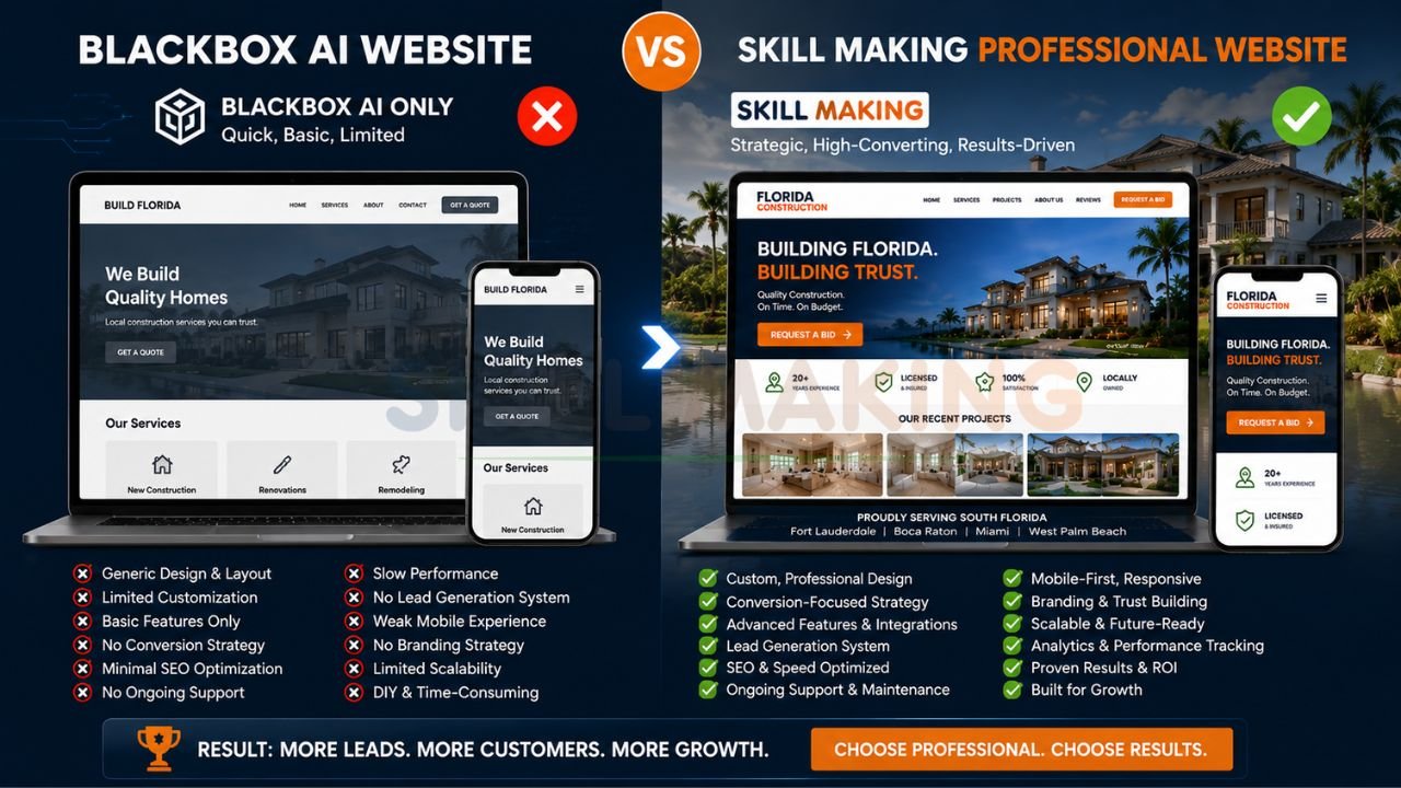 Comparison between AI-generated website and professional Skill Making website