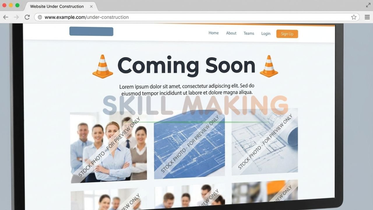 "Under Construction" placeholder page with dummy text and stock images