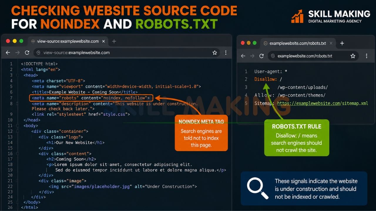 Browser showing page source code with noindex tag and robots.txt file