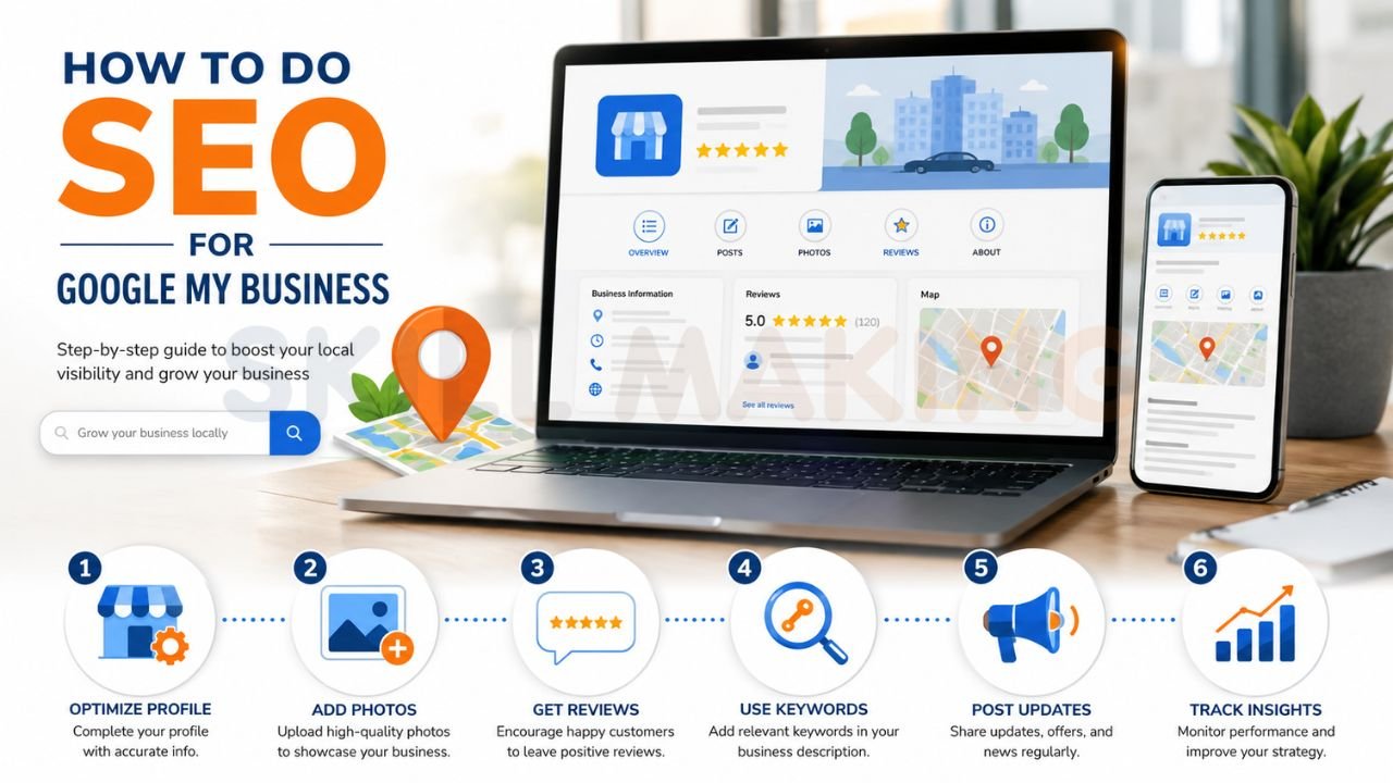 Infographic showing step-by-step SEO tips for Google My Business including profile optimization, reviews, photos, keywords, posts, and analytics tracking