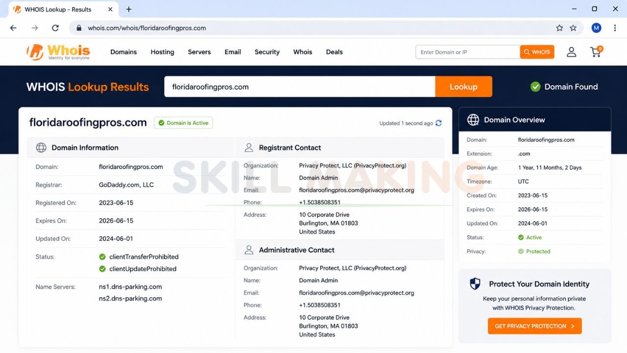 WHOIS lookup result showing domain registration and expiration details
