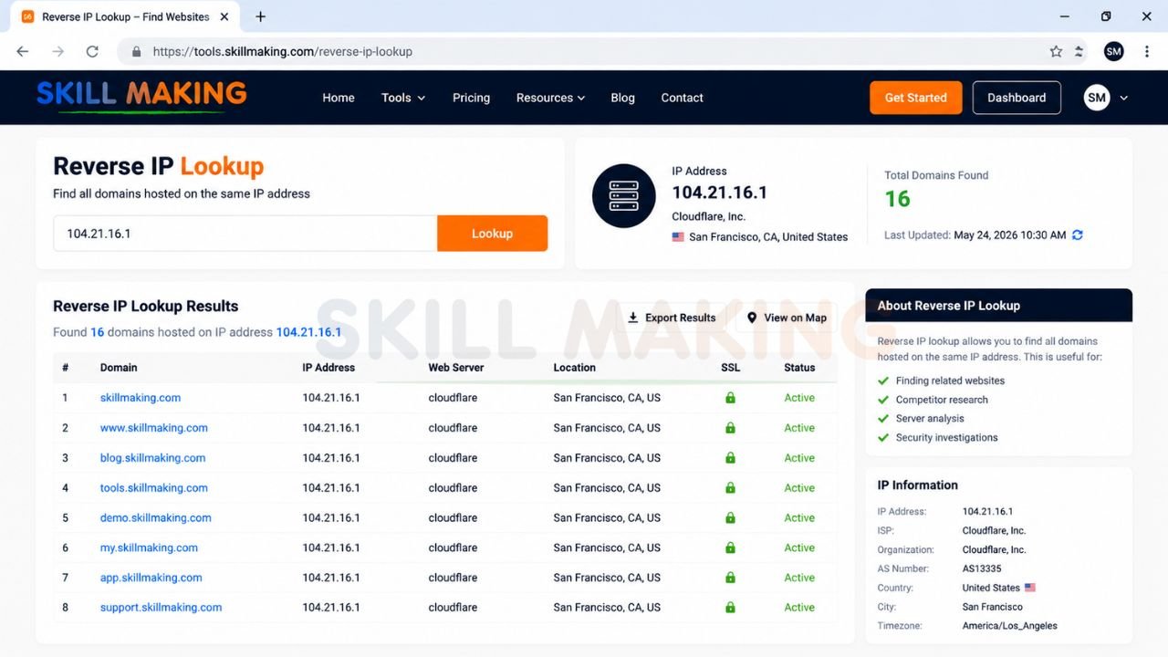 Reverse IP lookup tool showing multiple domains hosted on the same server