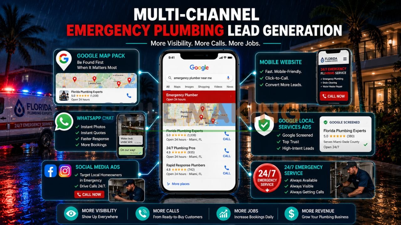Digital channels for generating emergency plumbing leads including Google, mobile website and WhatsApp in Florida