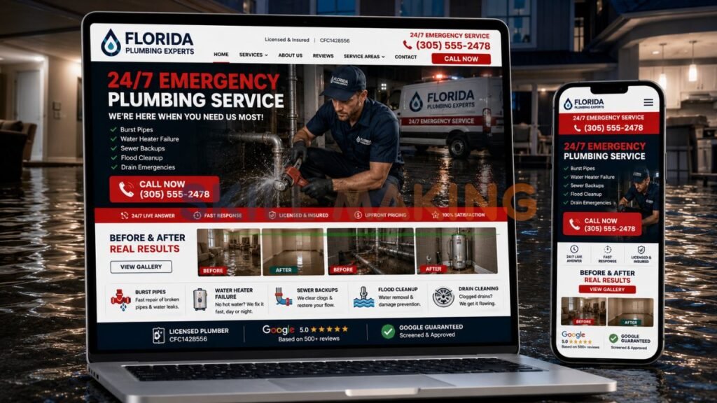High-converting emergency plumbing website mockup with 24/7 call buttons optimized for Florida