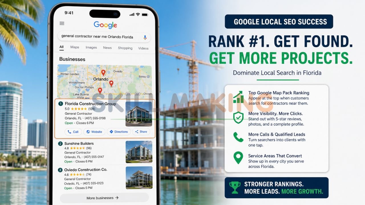 Google search results and Map Pack showing construction company ranking high in Florida