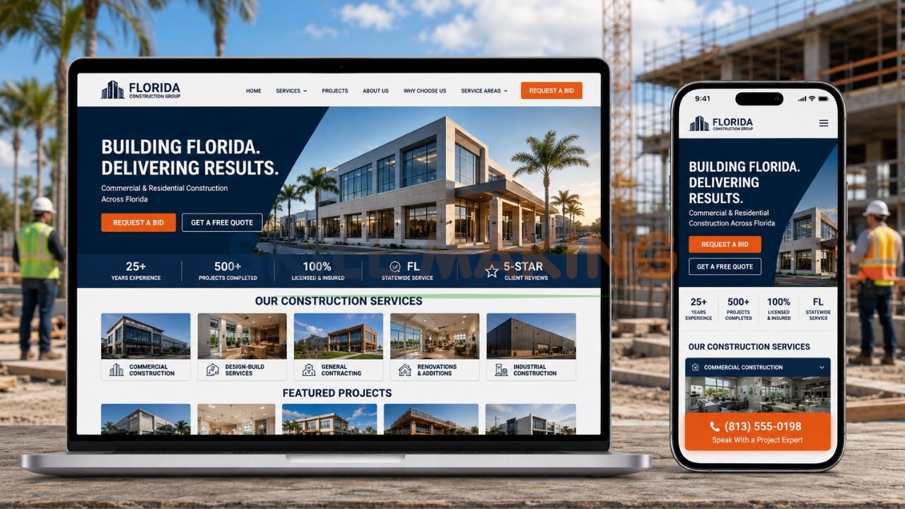 Modern professional construction company website mockup optimized for Florida project leads
