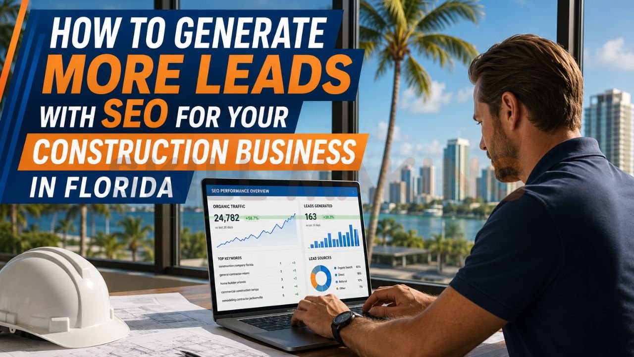 construction business owner analyzing SEO lead generation dashboard for Florida contractor marketing and local search rankings