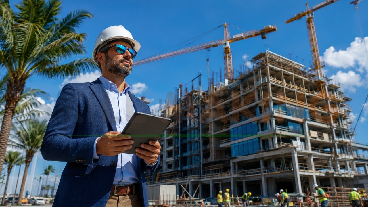Commercial construction manager reviewing project on tablet at job site